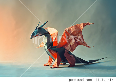 AI-generated content. An electric blue origami dragon crafted with creative arts and skillful craft is elegantly placed on a table, depicting a fictional character in a gesture of grace and beauty AI-generated content. An electric blue origami dragon crafted with creative arts and skillful craft is elegantly placed on a table, depicting a fictional character in a gesture of grace and beauty 112170217