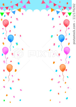 Event frame background Blue sky, garland, balloons and confetti Vertical 112170282