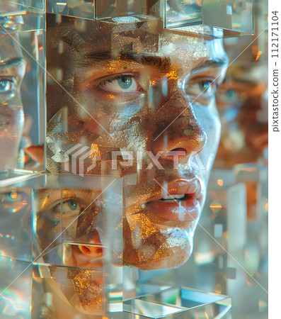 AI-generated content. The mans face is seen through the transparent material of a glass cube, creating a reflection of his chin and temple. This artwork blurs the line between sculpture and drinkware 112171104
