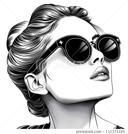 AI-generated content. A monochrome illustration of a woman in stylish sunglasses, showcasing the latest eyewear trends with a focus on glasses and eye protection 112171105