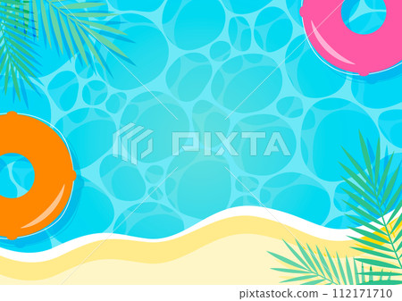 Background illustration of the ocean with swaying water surface, sandy beach and colorful swim rings floating 112171710