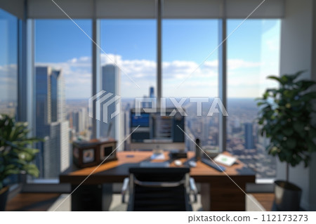 Blurred Office with City View at Dusk. Resplendent. Blurred Office with City View at Dusk. Resplendent. 112173273