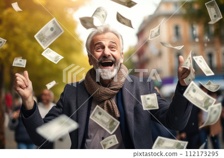 AI-generated content. Happy person getting bonus money and banknotes flying in the air comeliness 112173295