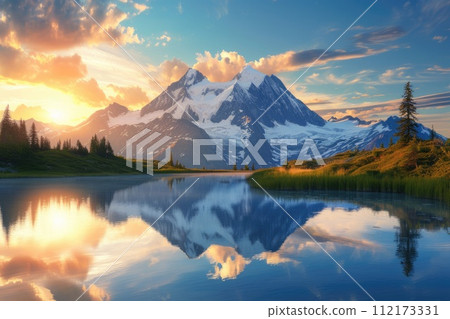 AI-generated content. A majestic mountain landscape at sunset, snow-capped peaks. Resplendent. 112173331