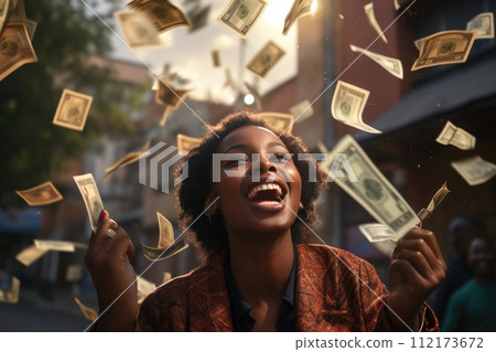 AI-generated content. Happy person getting bonus money and banknotes flying in the air comeliness 112173672