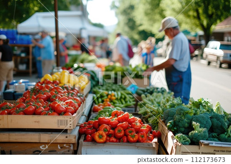 AI-generated content. An early morning farmers market scene. Resplendent. 112173673