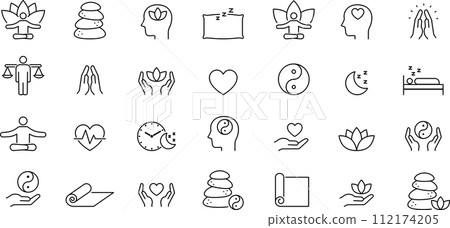 Line drawing icon set related to meditation and mindfulness 112174205