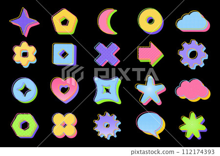 Retro geometric halftone shapes vector set. Trendy design element stickers. Retro geometric halftone shapes vector set. Trendy design element stickers. 112174393