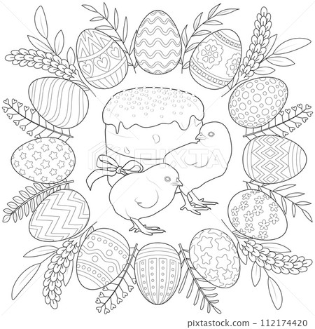 Easter egg wreath with chickens and Easter cake.  112174420