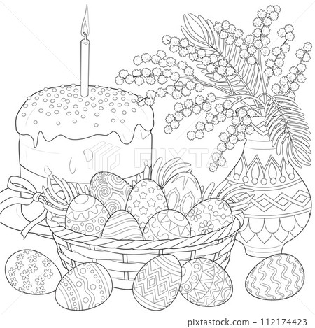 Easter basket with eggs, flowers and Easter cake. Easter basket with eggs, flowers and Easter cake. 112174423