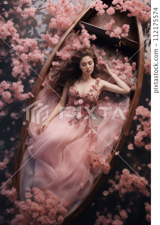 AI-generated content. Ethereal Woman in Flower-Adorned Boat on Water 112175574