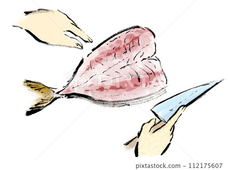 正在處理的魚（鯖魚）的日式手寫插圖 112175607