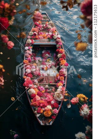 AI-generated content. Floral Cornucopia on a Boat in a Tranquil Pond 112175613