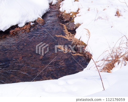 A waterfront formed on a snowfield in early spring when the snow is about to melt 112176059