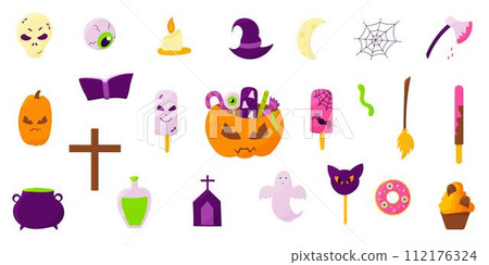 halloween pumpkin sweets skull bones set elements 112176324