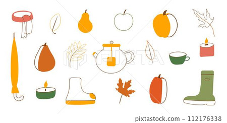 autumn pumpkin mushroom leaves set elements line 112176338