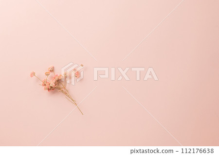 Beautiful spring flowers on paper card pastel pink background, Small wedding flower from above, Mother's Day, Valentine's Day, summer concept 112176638
