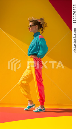 AI-generated content. Woman in Colorful Retro Workout Attire Posing 112176725