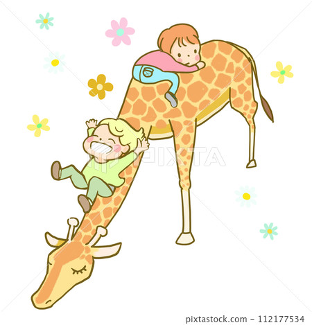 Giraffe and children playing on the slide Giraffe and children playing on the slide 112177534