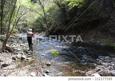 Anglers enjoying fly fishing in a nearby mountain stream 112177595