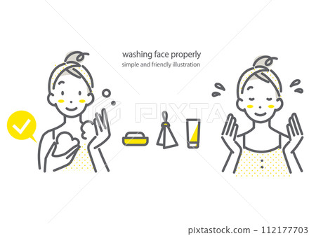 Women's skin care and face washing - simple and stylish line drawing illustration 112177703