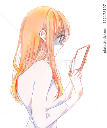 A woman looking at her smartphone turns pale A woman looking at her smartphone turns pale 112178197
