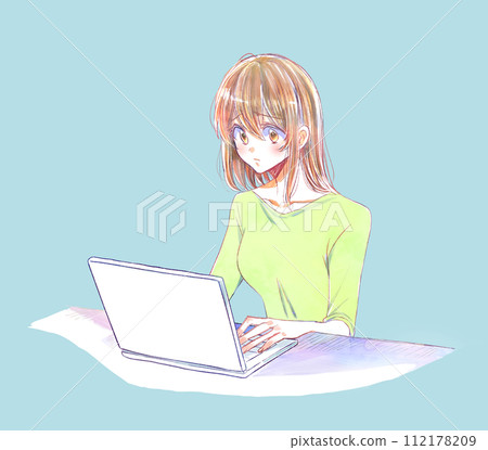 Woman operating a computer, disgusted face Woman operating a computer, disgusted face 112178209