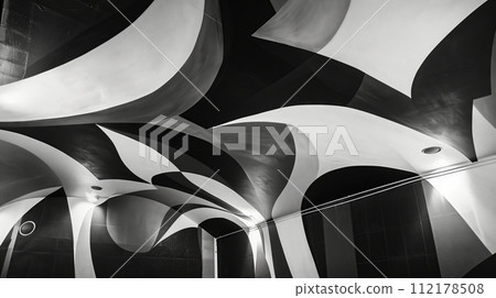 An abstract black and white ceiling with geometric shapes, styled with emotive distortions, landscapes, psychedelic artwork, and topographical realism. 112178508