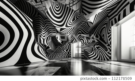 An abstract ceiling in black and white with geometric shapes, styled with emotive distortions, layered landscapes, and topographical realism akin to psychedelic art. 112178509