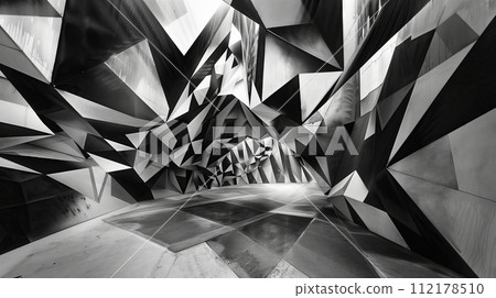 An abstract ceiling with black and white geometric shapes, styled with emotive distortions, layered landscapes, and touches of psychedelic, topographical realism. 112178510