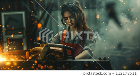Beautiful woman works with a chainsaw. 112178511