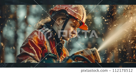 Beautiful woman working with a chainsaw. 112178512