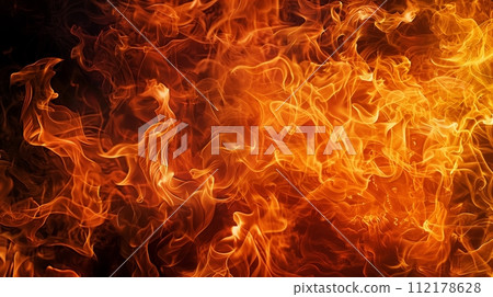 "High-resolution image with an extremely close-up and crisp texture of a fire flame on a black background." 112178628