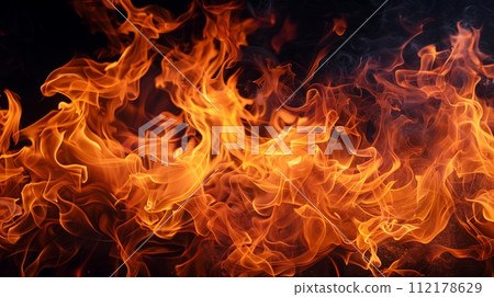 High-resolution image featuring an extremely close-up view and crisp texture of a fire flame on a black background. 112178629