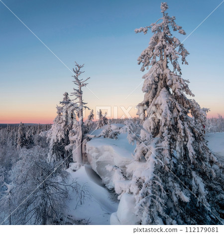Nature landscape winter forest, a snowy cliff. 112179081