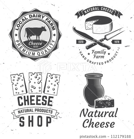 Cheese family farm badge design. Template for logo, branding design with block cheese, jug of milk, cow, fork, knife for cheese. Vector illustration. Hand crafted product cheese 112179188