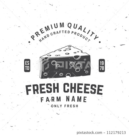 Fresh cheese badge design. Template for logo, branding design with triangle block cheese . Vector illustration. Fresh cheese badge design. Template for logo, branding design with triangle block cheese . Vector illustration. 112179213