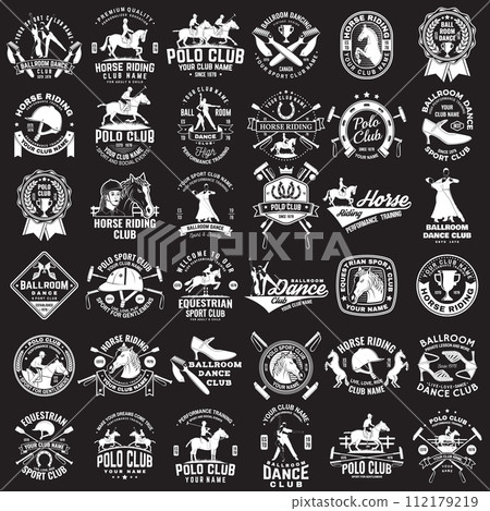 Set of Ballroom dance, polo and horse riding club sport club logos, badges design on chalkboard. Vector illustration. Sport sticker with equestrian, rider, helmet and horse, shoes for ballroom dancing 112179219