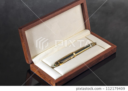 Fountain pen on marble and gray background with reflection. Vibration focus. Fountain pen on marble and gray background with reflection. Vibration focus. 112179409