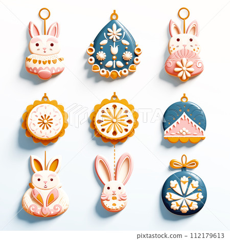 Happy Easter carved paper style easter ornaments, eggs, rabbit, bunny and flowers in the middle spring season on white background cookies concept idea Happy Easter carved paper style easter ornaments, eggs, rabbit, bunny and flowers in the middle spring season on white background cookies concept idea 112179613