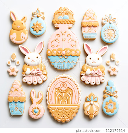 Happy Easter carved paper style easter ornaments, eggs, rabbit, bunny and flowers in the middle spring season on whtie background cookies concept idea 112179614