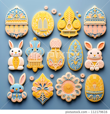 Happy Easter carved paper style easter ornaments, eggs, rabbit, bunny and flowers in the middle spring season on light blue background cookies concept idea 112179616