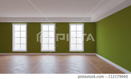 Interior with Khaki Walls, White Ceiling and Cornice, Three Large Windows Interior with Khaki Walls, White Ceiling and Cornice, Three Large Windows 112179660