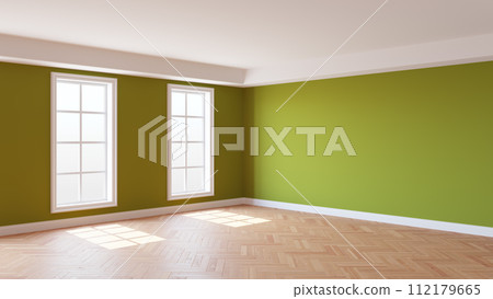 Interior with Khaki Walls, Two Windows, White Ceiling and Cornice 112179665
