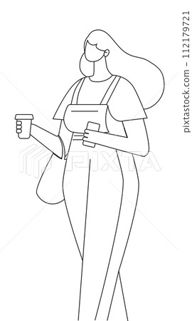 Girl hold coffee cup and walk line art Girl hold coffee cup and walk line art 112179721
