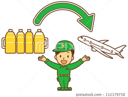 使用廢油作為SAF(可持續航空燃料)的圖像和穿著工作服的男性角色 使用廢油作為SAF(可持續航空燃料)的圖像和穿著工作服的男性角色 112179738