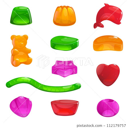 Cartoon jelly sweets. Chewing fruit candies. Colorful tasty gummy animals, hearts and stars. Marmalade bears. Sugar snacks. Delicious gelatin dessert. Vector yummy confectionery set 112179757