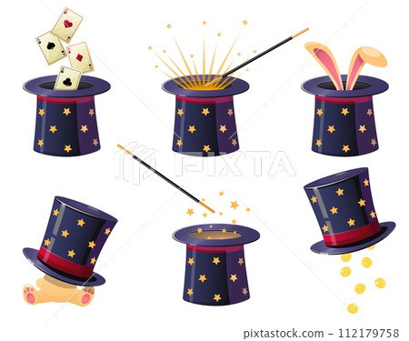 Cartoon magician hat and wand. Illusionist show cylinder cap. Magical accessories with secret. Rabbit ears. Cards ace. Circus stage performance elements. Vector conjuror trick tools set Cartoon magician hat and wand. Illusionist show cylinder cap. Magical accessories with secret. Rabbit ears. Cards ace. Circus stage performance elements. Vector conjuror trick tools set 112179758