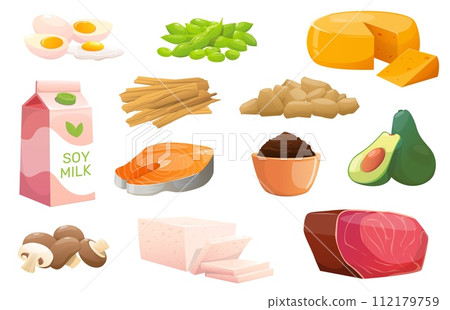 Cartoon protein sources. Vegetable products. Organic farm food. Soy sauce and miso. Fresh mushroom. Natural ingredients. Meat or fish. Tofu cheese. Eggs and avocado. Vector diet food set 112179759