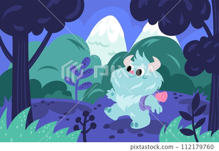 Cartoon yeti walks. Cute snowman in nature goes hiking with backpack. Fantastic shaggy creature. White bigfoot in wild forest. Hairy monster. Sasquatch traveling. Garish vector concept 112179760